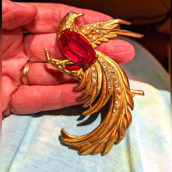 Vintage 1940 red & gold faceted rare crystal Gold plate bird of Paradise - Picture 10 of 16